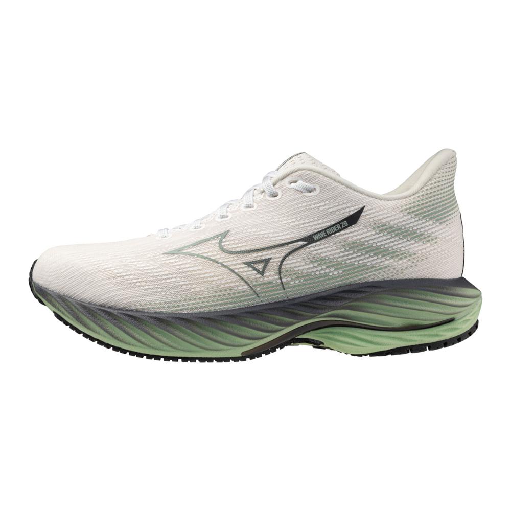 Men's Mizuno Wave Rider 28. White upper. Green and black midsole. Lateral view.