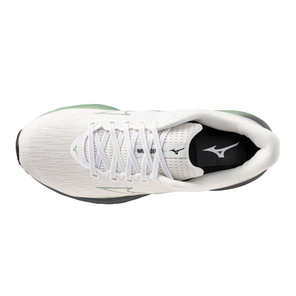 Men's Mizuno Wave Rider 28. White upper. Green and black midsole. Top view.