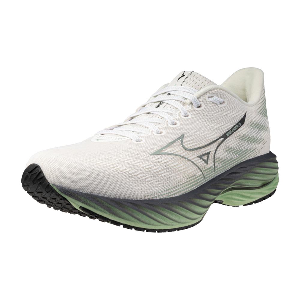 Men's Mizuno Wave Rider 28. White upper. Green and black midsole. Lateral view.