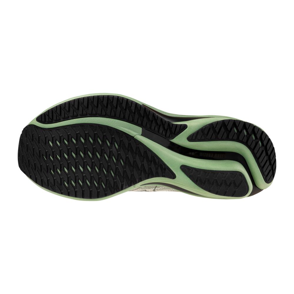 Men's Mizuno Wave Rider 28. White upper. Green and black midsole. Bottom view.