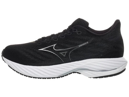 Men's Mizuno Wave Rider 28. Black upper. White midsole. Lateral view.