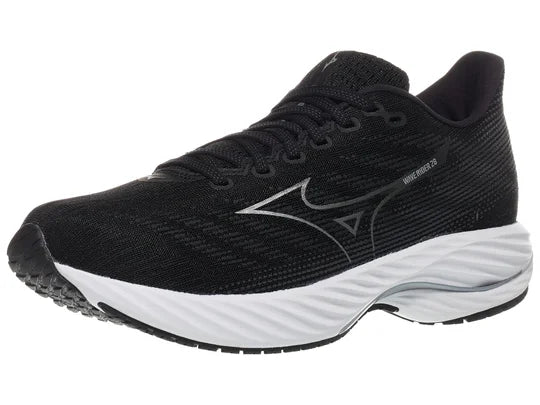 Men's Mizuno Wave Rider 28. Black upper. White midsole. Lateral view.
