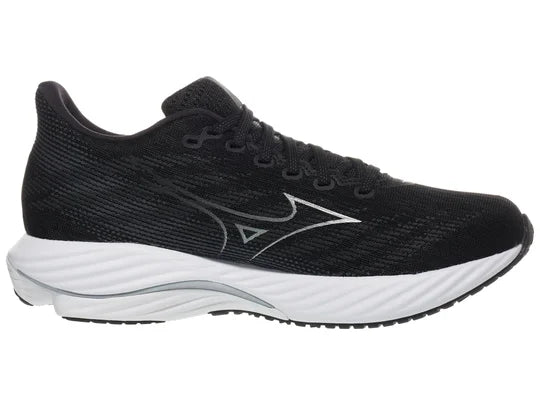 Men's Mizuno Wave Rider 28. Black upper. White midsole. Medial view.