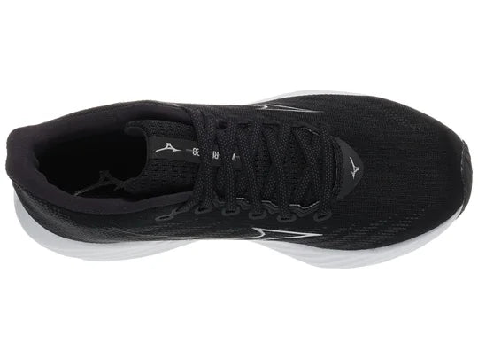 Men's Mizuno Wave Rider 28. Black upper. White midsole. Top view.