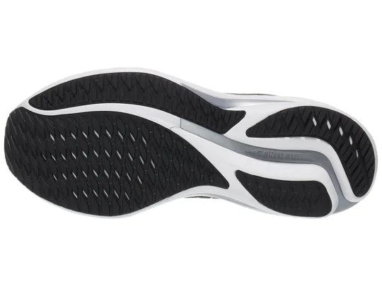 Men's Mizuno Wave Rider 28. Black upper. White midsole. Bottom view.