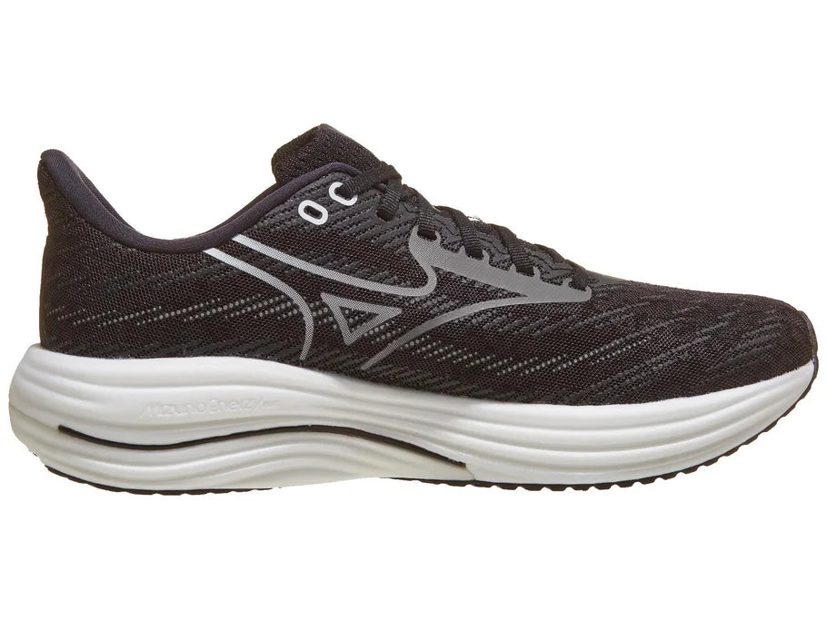 Men's Mizuno Wave Rider 29 in Black Sand/Quiet Shade, medial view.