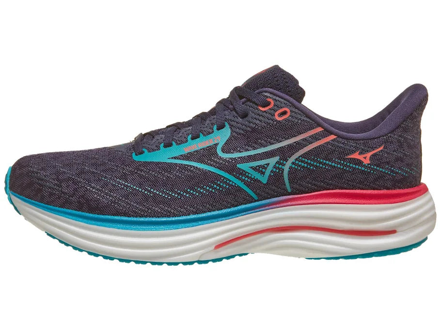 Men's Mizuno Wave Rider 29. Grey upper. White midsole. Lateral view.