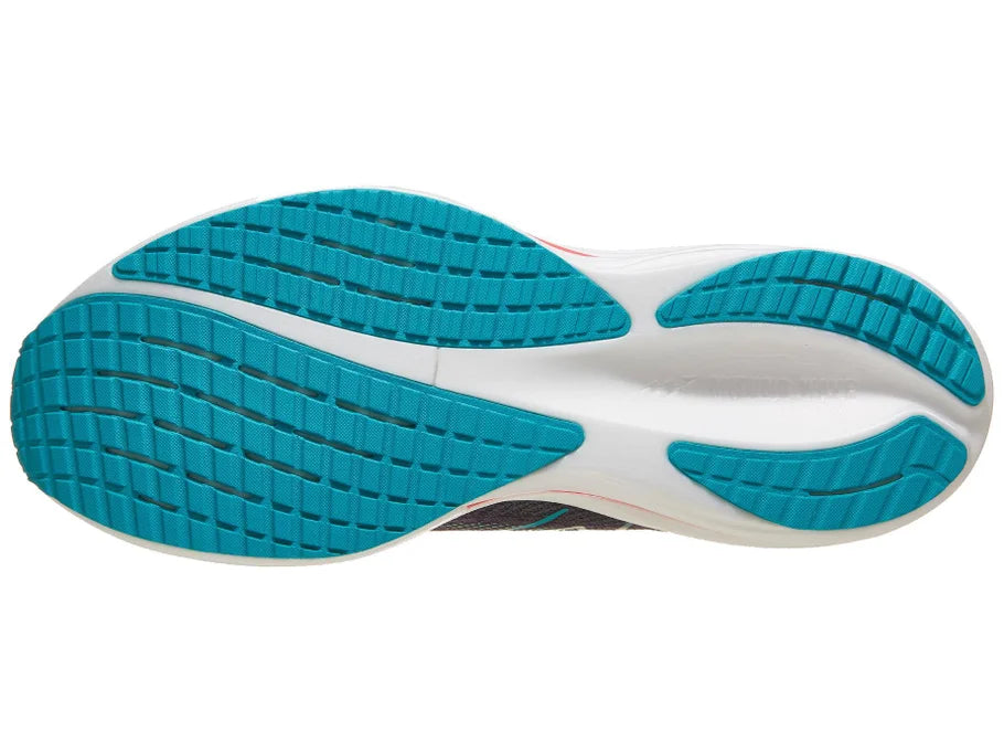 Men's Mizuno Wave Rider 29. Grey upper. White midsole. Bottom view.