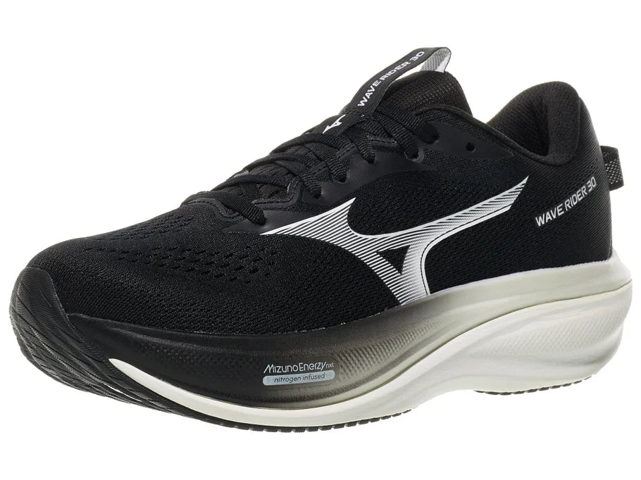 Men's Mizuno Wave Rider 30 in Black/White, lateral view.