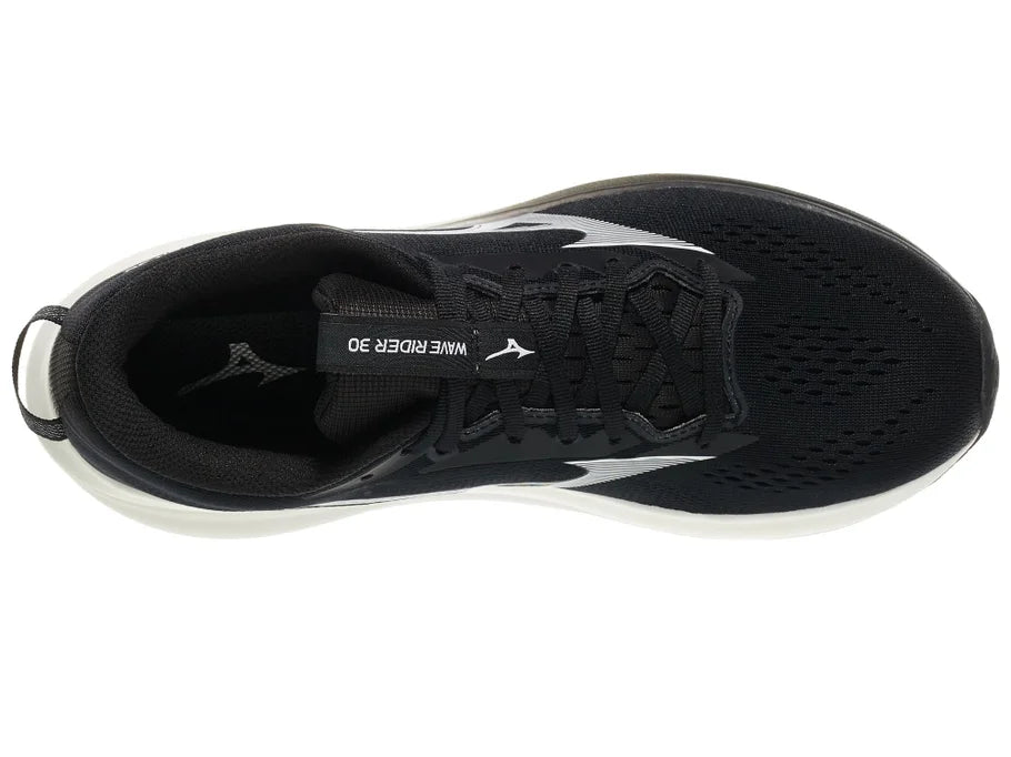 Men's Mizuno Wave Rider 30 in Black/White, top view.