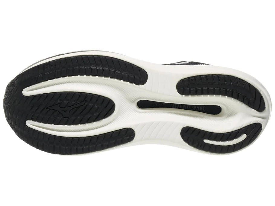 Men's Mizuno Wave Rider 30 in Black/White, outsole view.