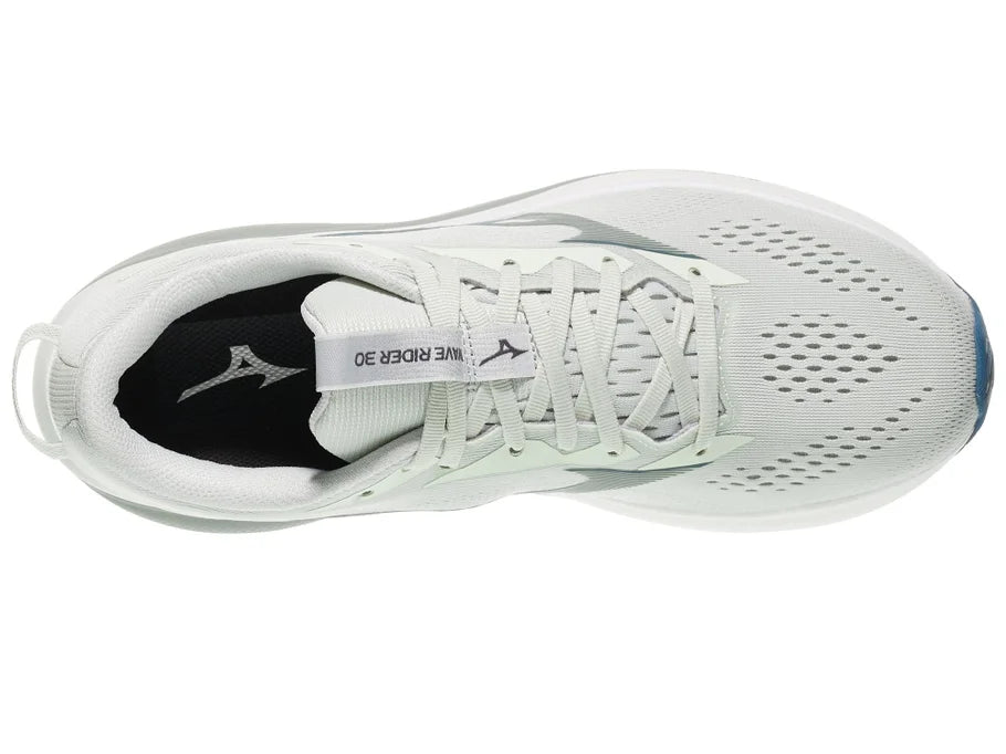 Men's Mizuno Wave Rider 30 in Foggy Dew/Dark Slate, top view.