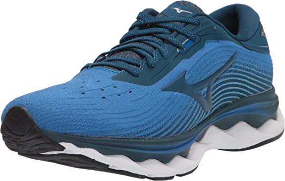 Men's Mizuno Wave Sky 5. Blue upper. White midsole. Lateral view.