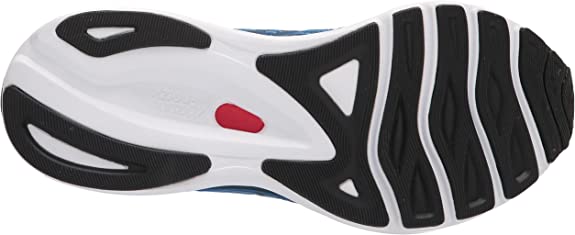 Men's Mizuno Wave Sky 5. Blue upper. White midsole. Bottom view.