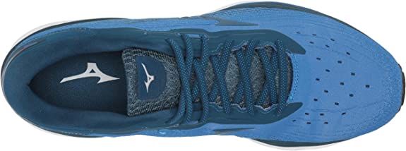 Men's Mizuno Wave Sky 5. Blue upper. White midsole. Top view.