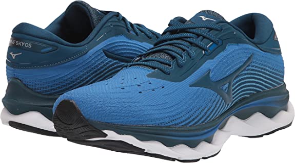 Men's Mizuno Wave Sky 5. Blue upper. White midsole. Lateral view.