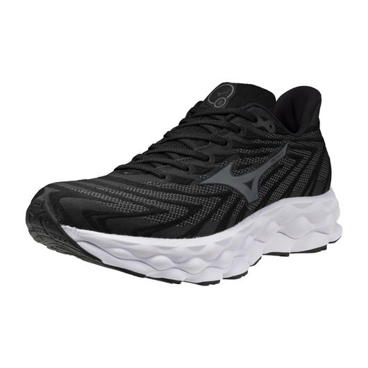Men's Mizuno Wave Sky 8. Black upper. White midsole. Lateral view.