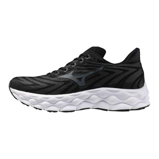 Men's Mizuno Wave Sky 8. Black upper. White midsole. Lateral view.