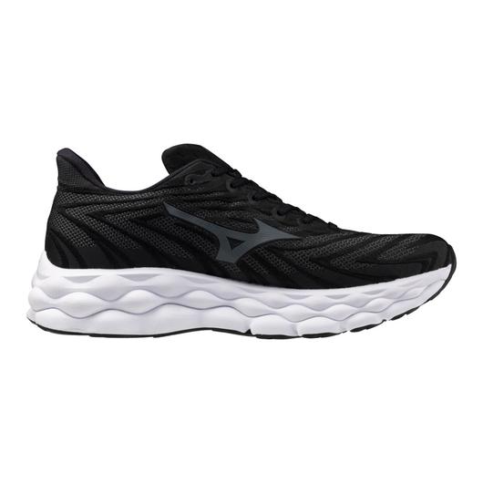 Men's Mizuno Wave Sky 8. Black upper. White midsole. Medial view.