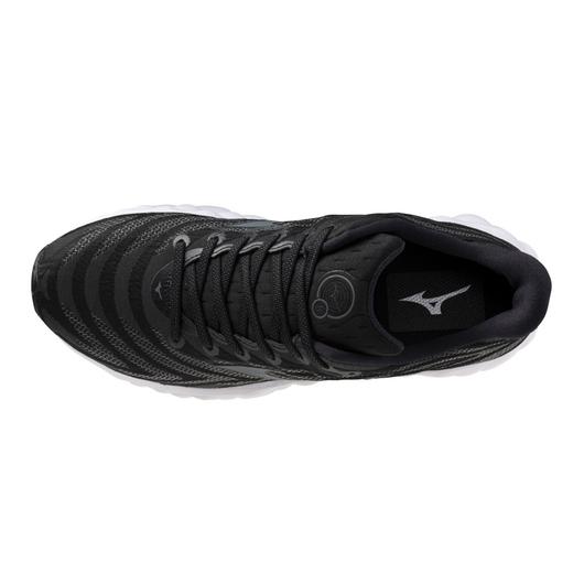 Men's Mizuno Wave Sky 8. Black upper. White midsole. Top view.