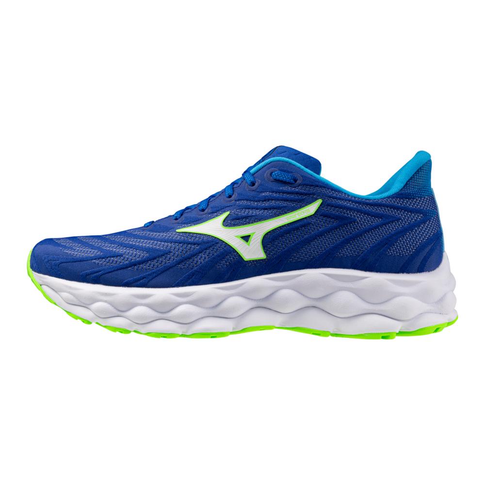 Men's Mizuno Wave Sky 8. Blue upper. White midsole. Lateral view.