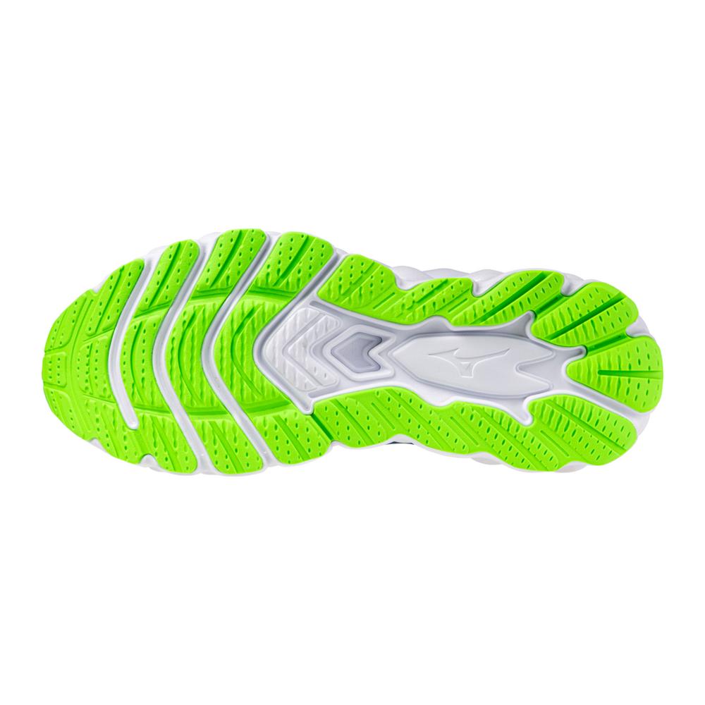 Men's Mizuno Wave Sky 8. Blue upper. White midsole. Bottom view.