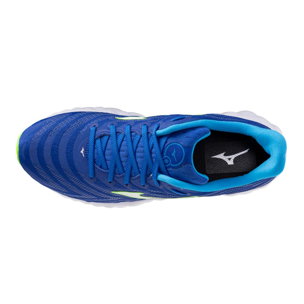 Men's Mizuno Wave Sky 8. Blue upper. White midsole. Top view.