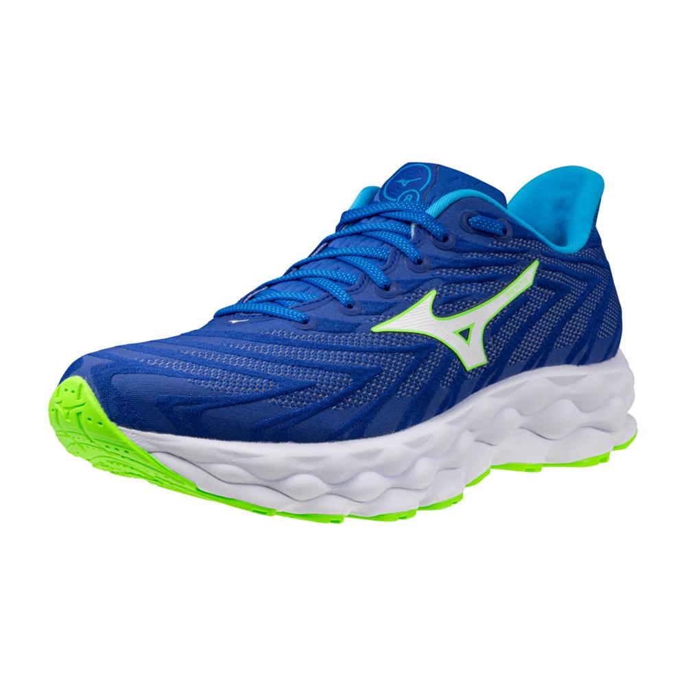 Men's Mizuno Wave Sky 8. Blue upper. White midsole. Lateral view.