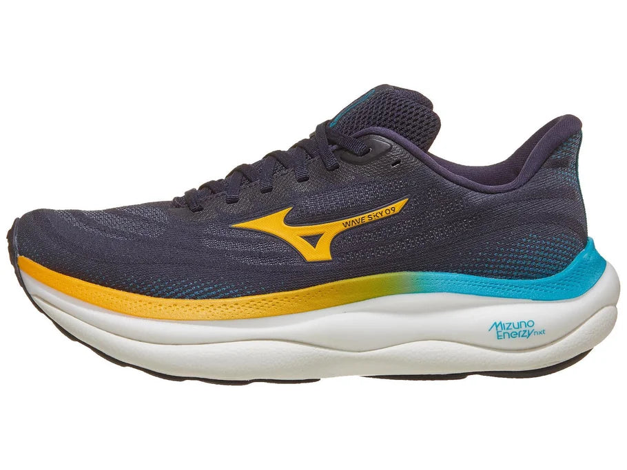Men's Mizuno Wave Sky 9. Dark Blue upper. White midsole. Lateral view.
