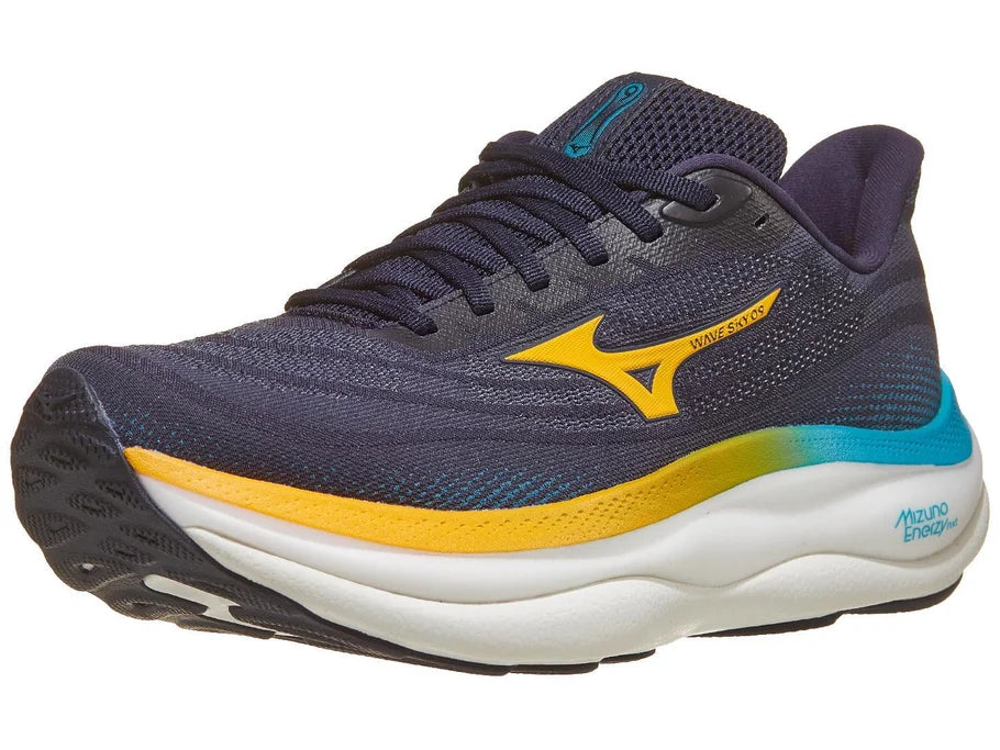 Men's Mizuno Wave Sky 9. Dark Blue upper. White midsole. Lateral view.