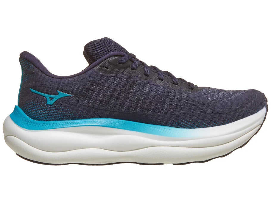 Men's Mizuno Wave Sky 9. Dark Blue upper. White midsole. Medial view.