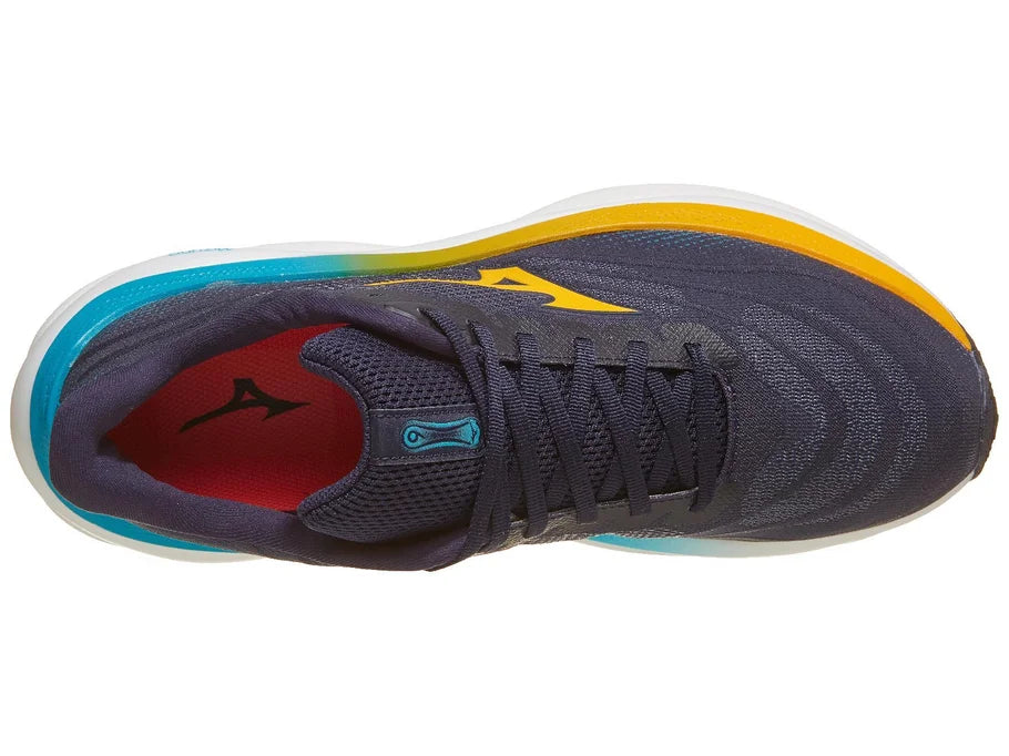 Men's Mizuno Wave Sky 9. Dark Blue upper. White midsole. Top view.