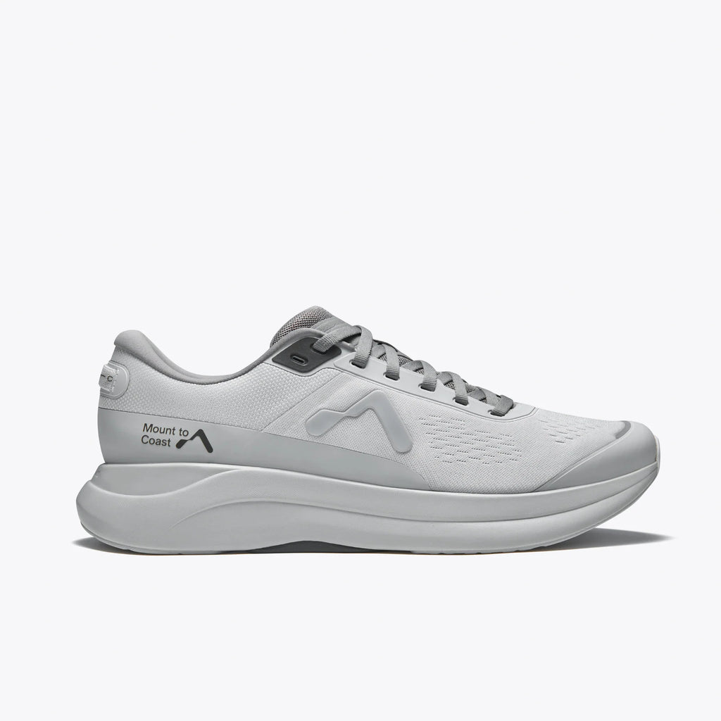 Men's Mount to Coast P1. Grey upper. Grey midsole. Lateral view.