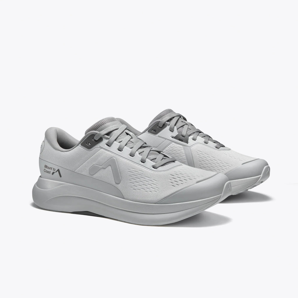 Men's Mount to Coast P1. Grey upper. Grey midsole. Lateral view.
