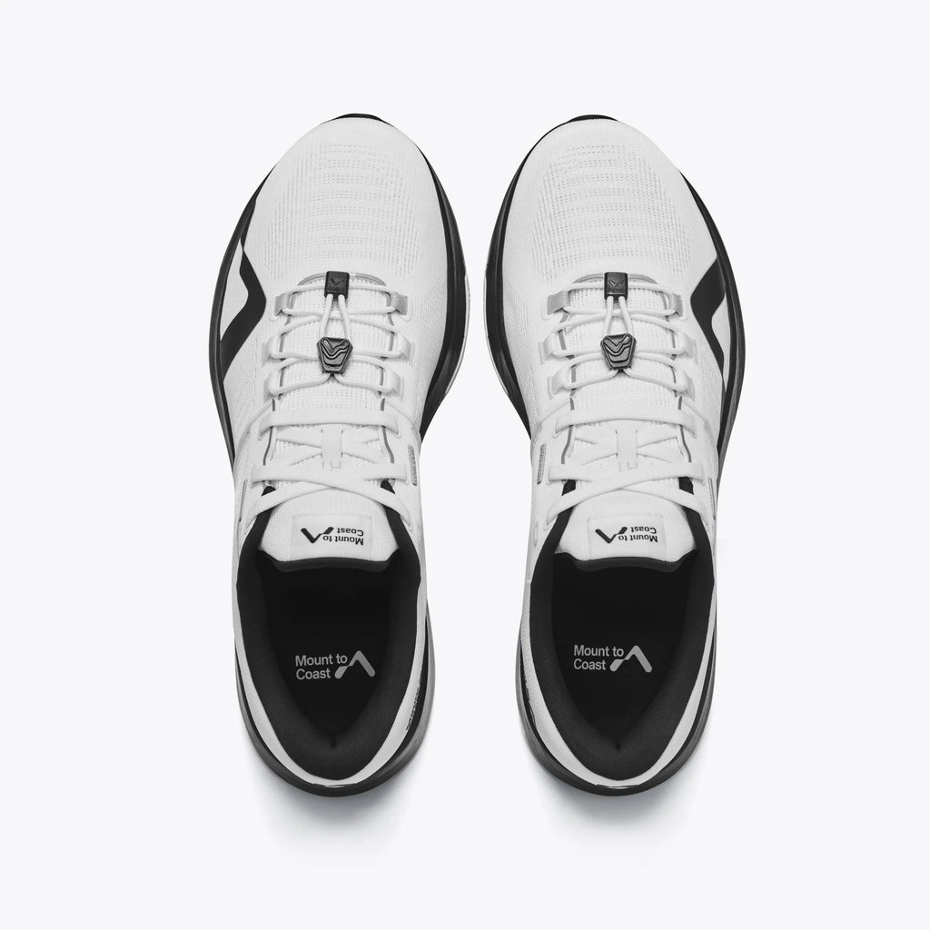 Men's Mount to Coast. R1. White upper. Black midsole. Top view.