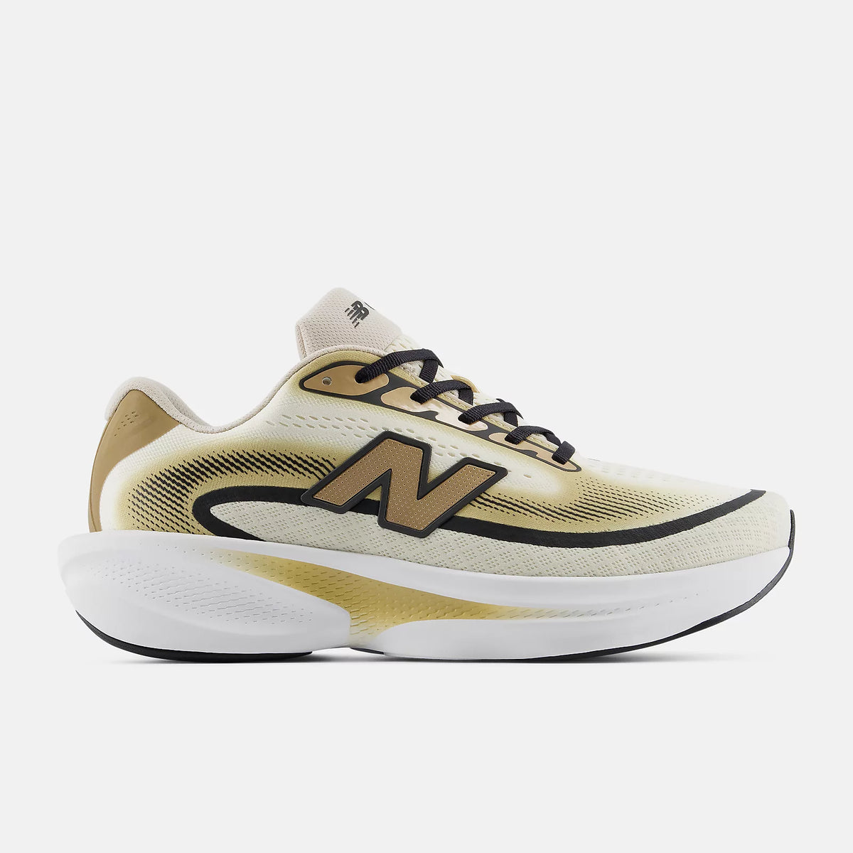 Men's New Balance Ellipse. White, black, and gold upper. White and gold midsole. Lateral view.