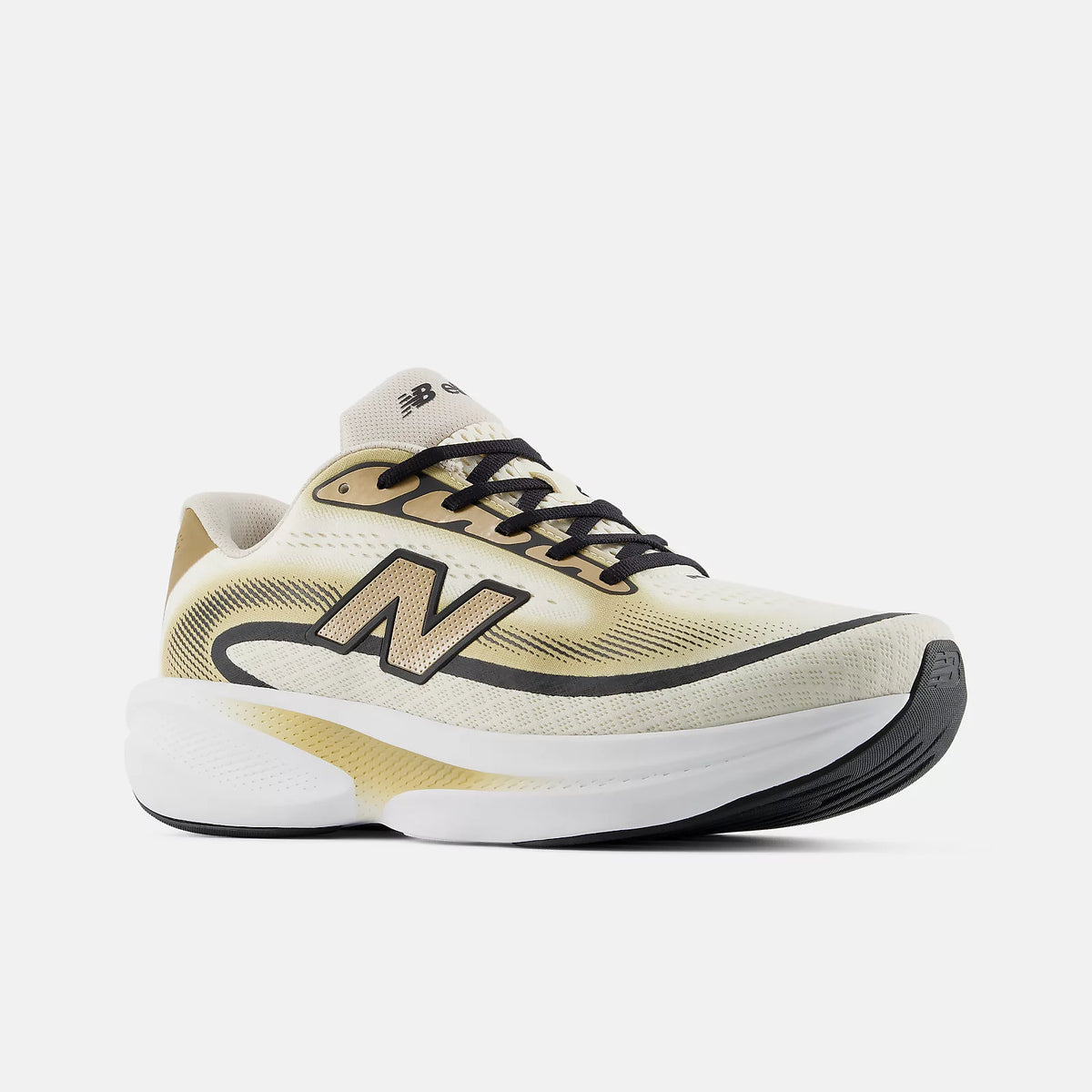 Men's New Balance Ellipse. White, black, and gold upper. White and gold midsole. Lateral view.