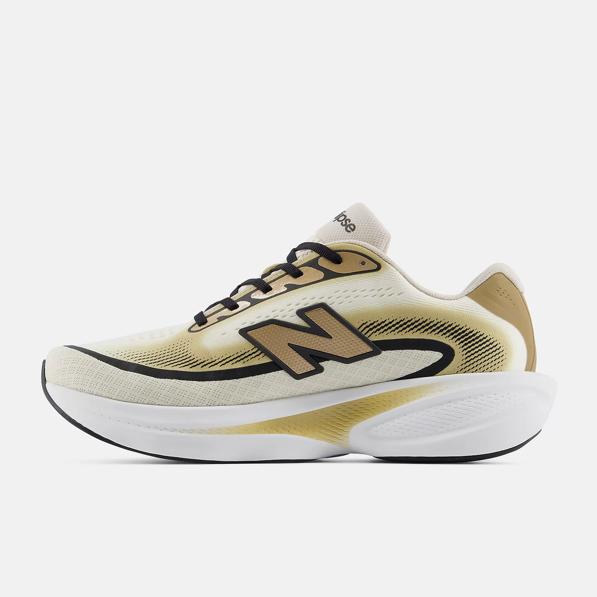 Men's New Balance Ellipse. White, black, and gold upper. White and gold midsole. Medial view.