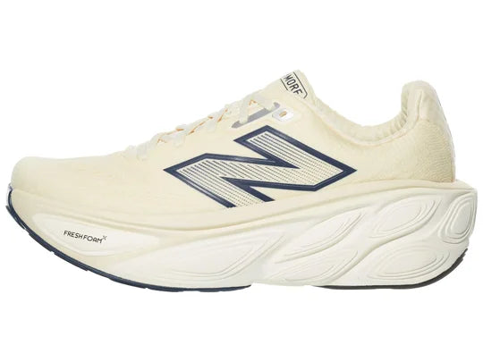 Men's New Balance More v5. Off White upper. White midsole. Lateral view.