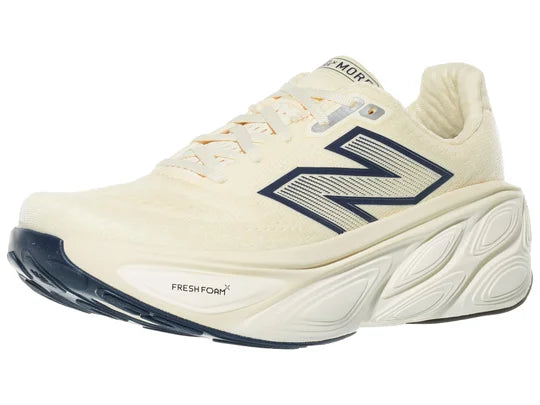 Men's New Balance More v5. Off White upper. White midsole. Lateral view.