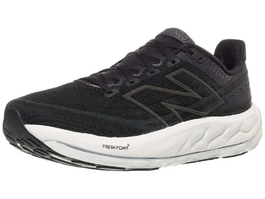Men's New Balance Vongo v6. Black upper. White midsole. Lateral view.