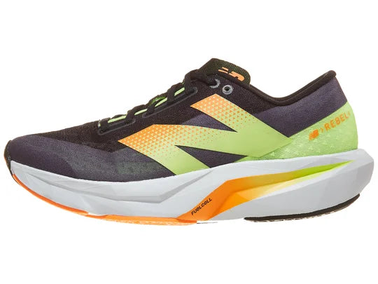 Men's New Balance Rebel v4. Black upper. White midsole. Lateral view.