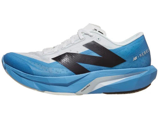 Men's New Balance Rebel v4. Blue/White upper. Blue/White midsole. Lateral view.