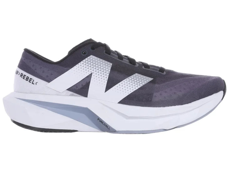 Men's New Balance FuelCell Rebel v4. Black upper. White midsole. Lateral view.