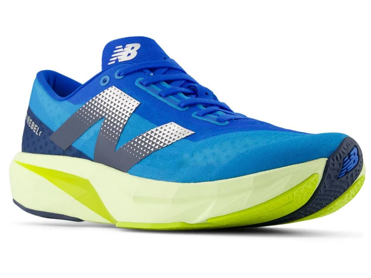 Men's New Balance FuelCell Rebel v4. Blue upper. Green midsole. Lateral view.