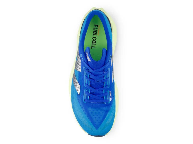 Men's New Balance FuelCell Rebel v4. Blue upper. Green midsole. Top view.