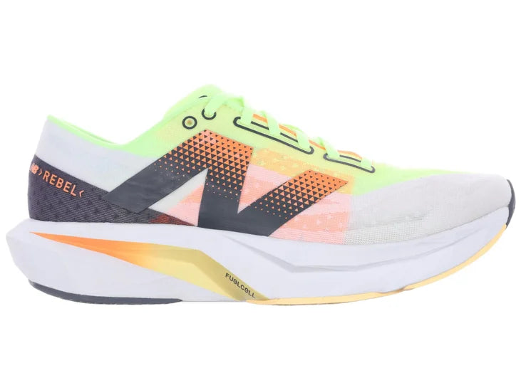 Men's New Balance FuelCell Rebel v4. White upper. White midsole. Lateral view.
