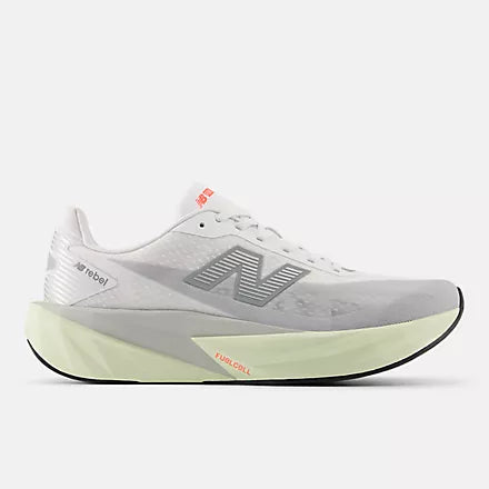 Men's New Balance Rebel v5. Grey upper. Off White midsole. Lateral view.