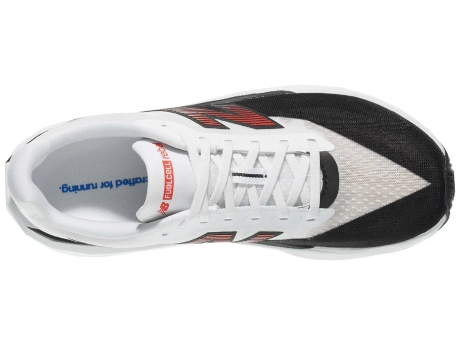 Men's New Balance FuelCell Rebel v5. White/Black upper. White/Black midsole. Top view.