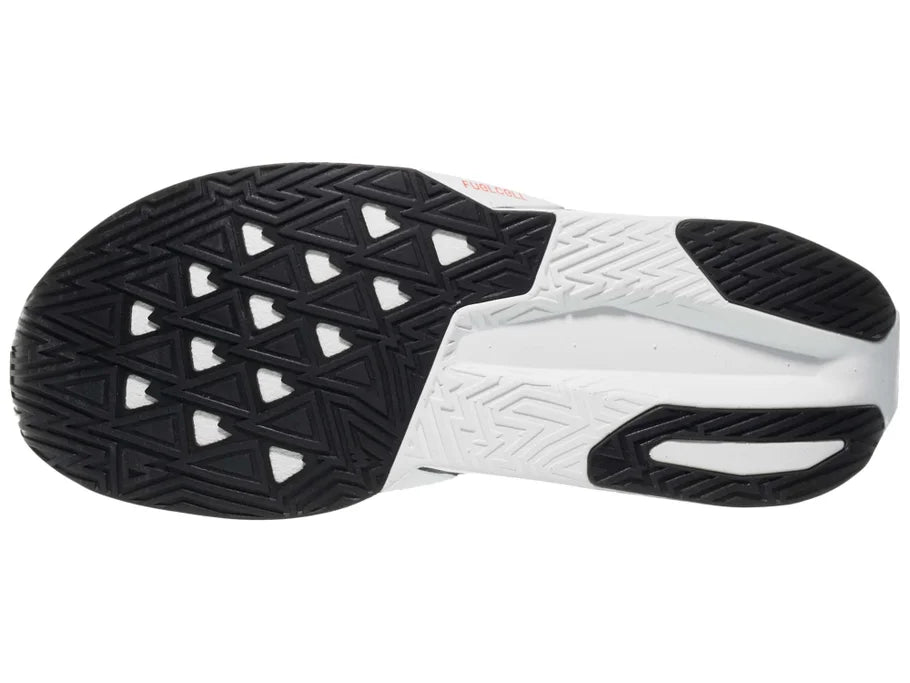 Men's New Balance FuelCell Rebel v5. White/Black upper. White/Black midsole. Bottom view.